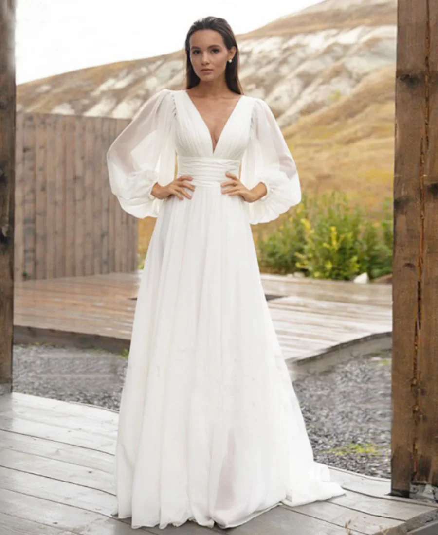 Een Lijn Rugloze Strandbruid Jurk Sweep Trein Chiffon Robe De Mariée Vestidos Eenvoudige Pofmouw Trouwjurk Bruids Lang