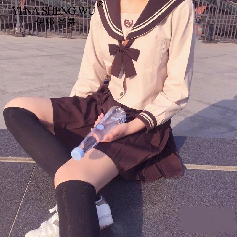 Japanese Orthodox JK Uniform Khaki Sailor Uniform College Style Spring Autumn Long Sleeved JK Pleated Skirt Set Women Cos Suit