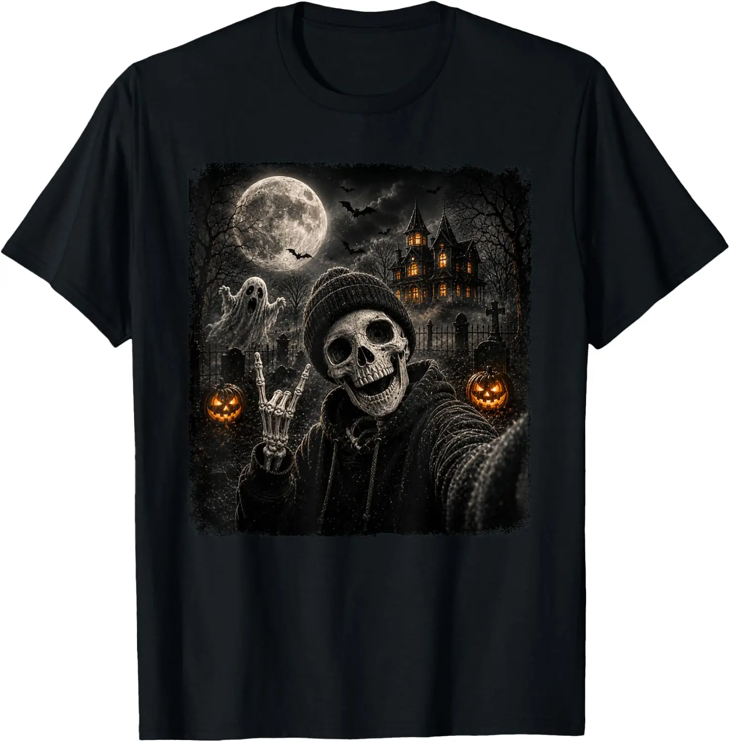 Funny Skeleton Selfie Halloween Ghost Rock Pumpkin Men Women T-Shirt 100% Cotton Trendy Y2K Short-Sleeve Tee – Soft,