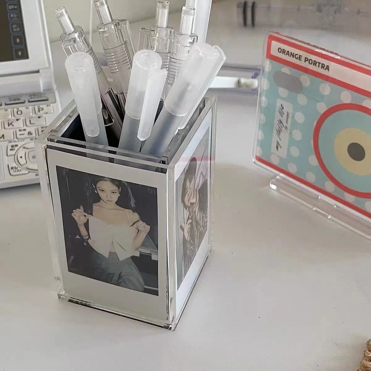 Acrylic Transparent Polaroid Multifunction photo frame Pen Holder Desktop Organiser Home Office Card Storage Box Stationery