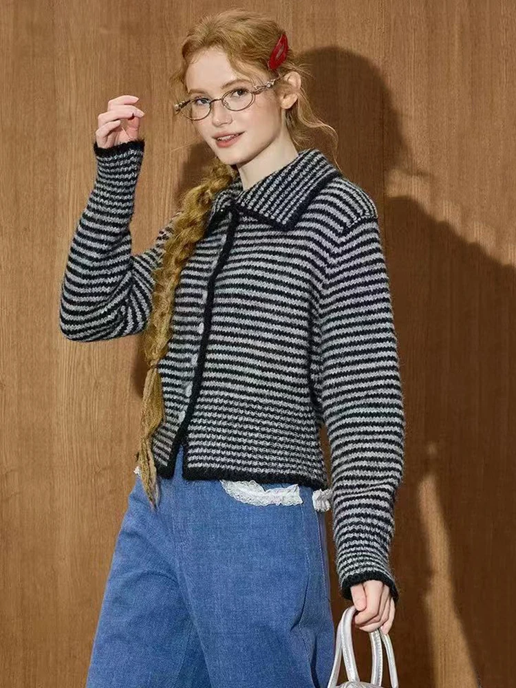 

Полосатый вязаный кардиган для женщин, новый весенний свободный свитер с лацканами в ленивом стиле, пальто Y2K Harajuku, однобортный повседневный укороченный трикотаж