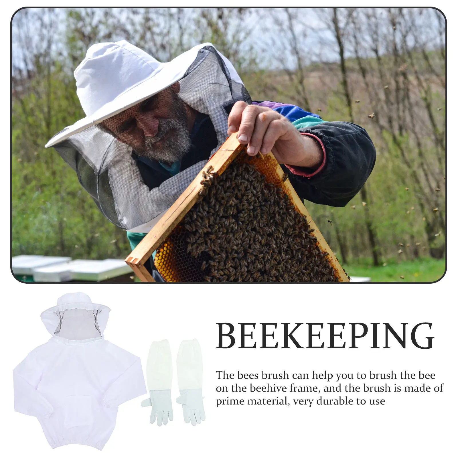 

1 Set Beekeeping Suit Lightweight Polyester Suede Breathable Mesh Brim Long Gloves Protection From Bees Flying Insects Reusable