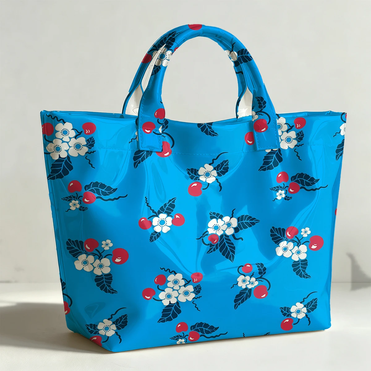 Retro Cherry Floral PVC Tote Bag Waterproof Transparent Jelly Bag Beach Bag Tote Pouch Bow Handbags Storage Bag