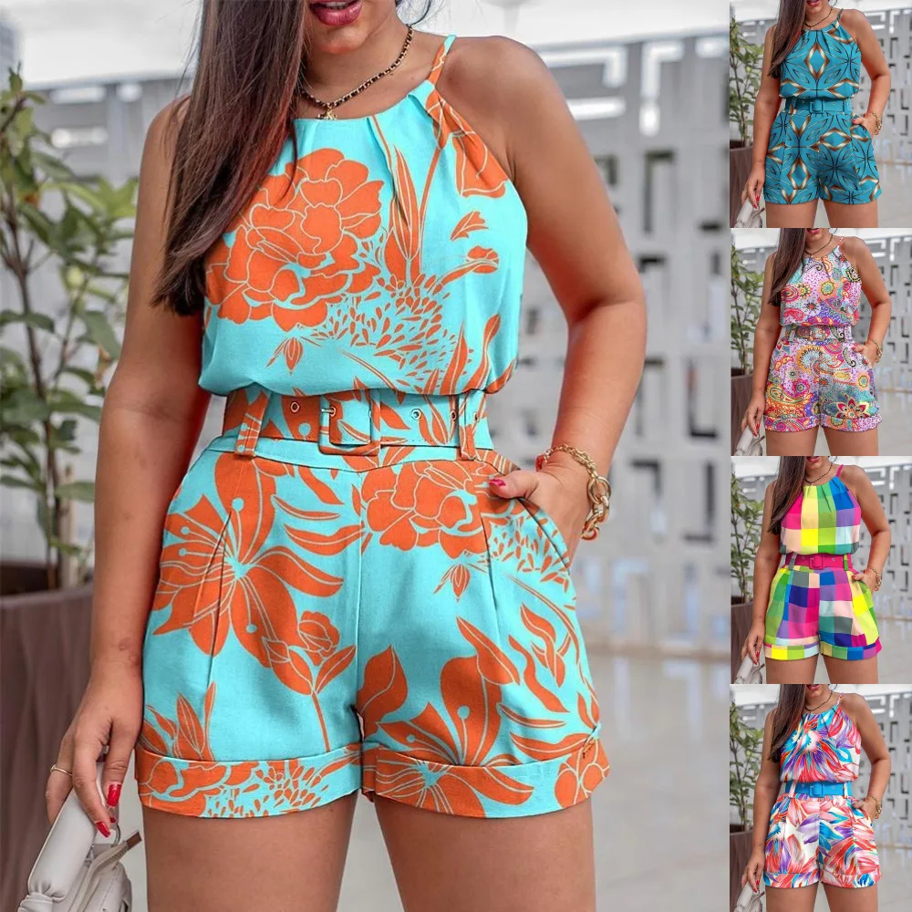 Color Printed Two Piece Set For Women Sleeveless Spaghetti Strap Tops High Waist Belt Shorts Sets 2023 Spring Summer New Fashion