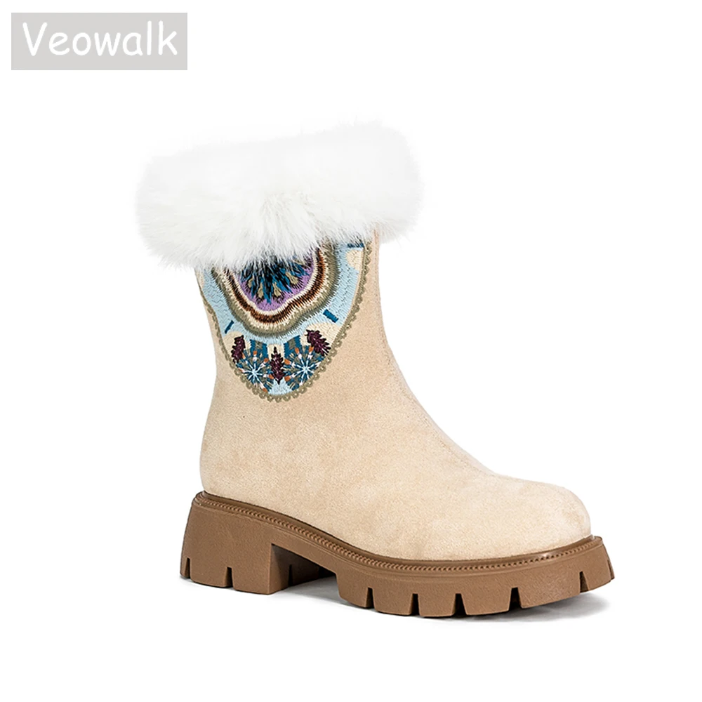 

Veowalk Winter Women Faux Fur Suede Short Ankle Boots Warm Lining Fuzzy Snow Booties Fashion Embroidered Shoes Black Beige