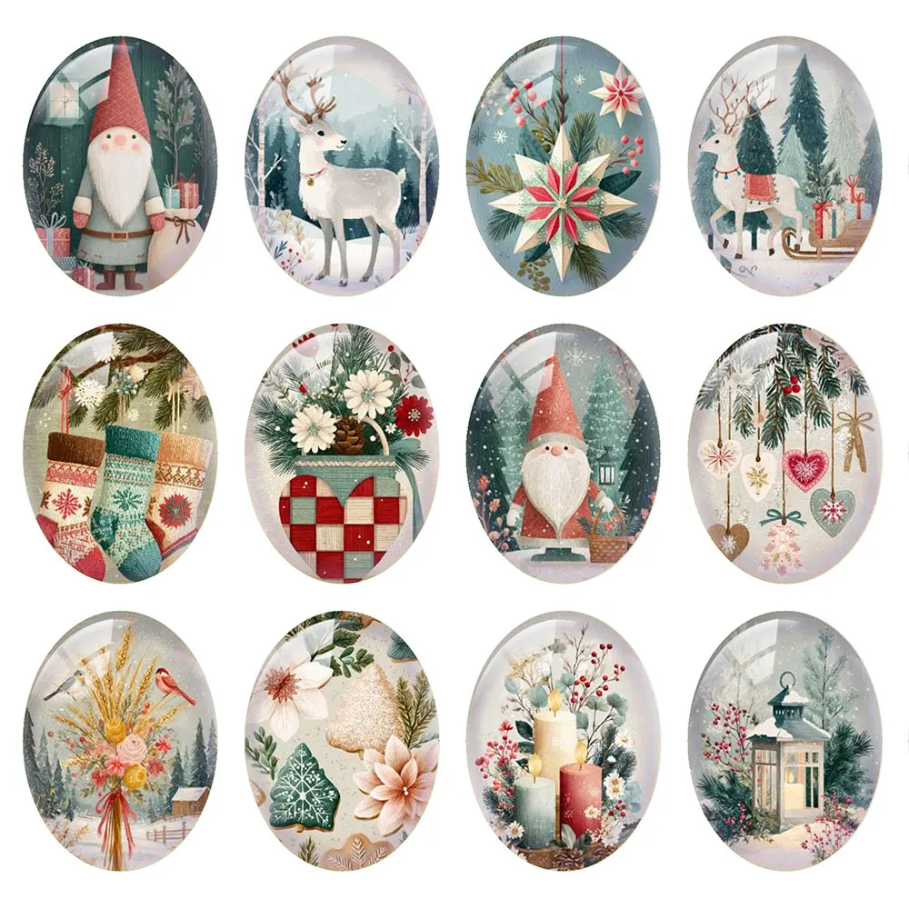 Random Mixed Round/Oval/Square Blue Christmas Winter Tree Gnomes Photo Glass Cabochon Flatback Demo Cameo For Diy Jewelry Making
