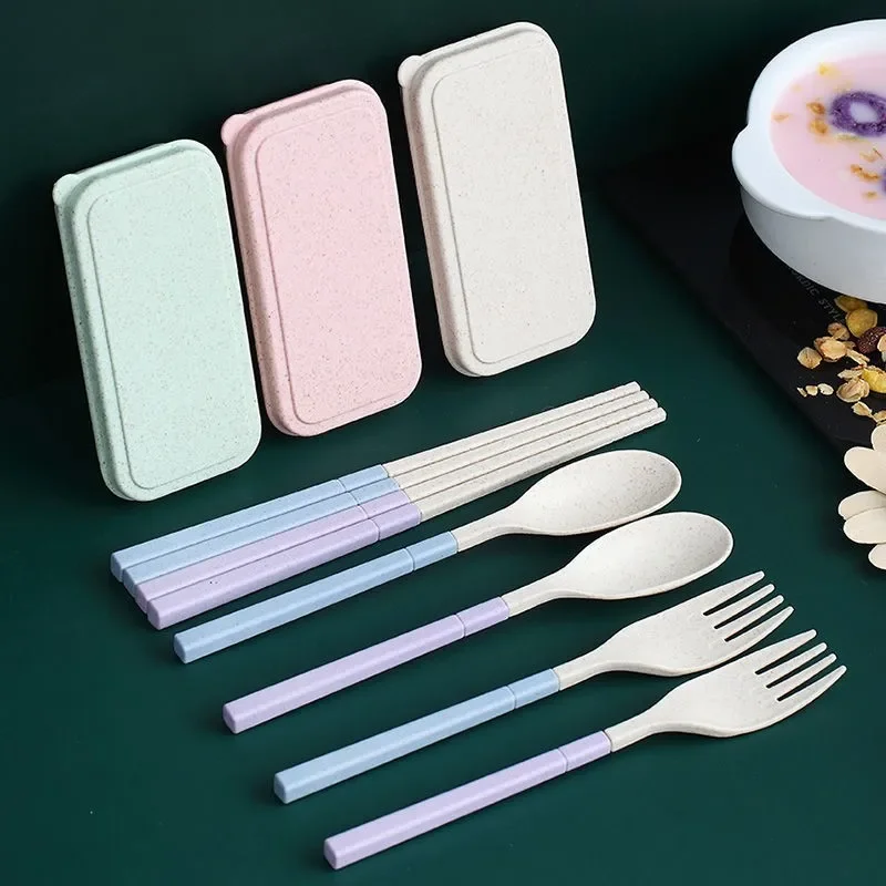 3/4PCS Wheat Straw Cutlery Set With Box Tableware Spoons Forks Chopsticks Detachable Portable Travel Camp Kitchen Accessories