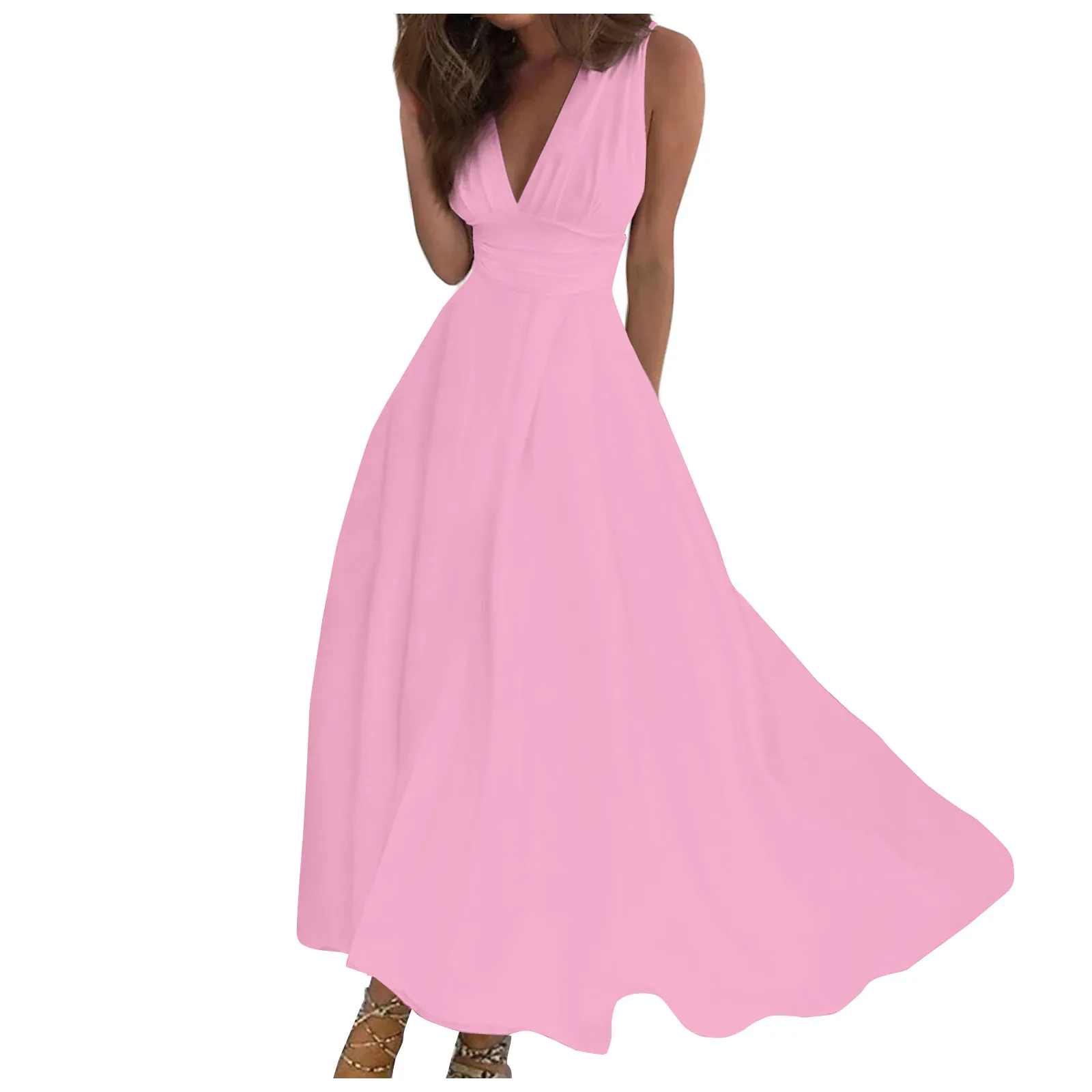 

Women'S Long Dress Casual Deep V Solid Color Dress Daily Date Swing A Line Dress Summer Fashion Sleeveless Dress Streetwear