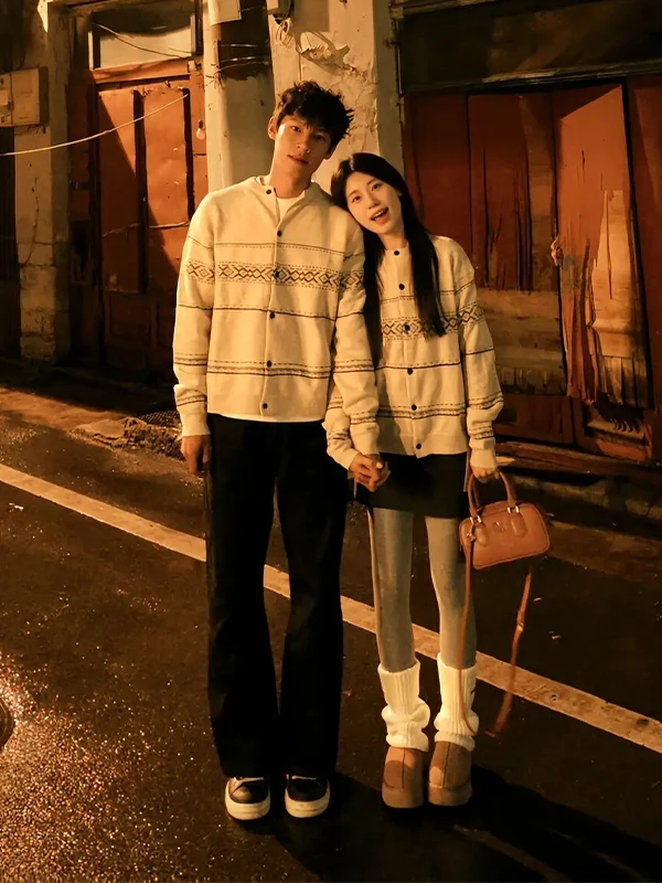 

Retro American Fair Isle Knitted Sweater Men's Autumn Lazy Old Money Sle Fake Camere Coat Couple's Knitted irt