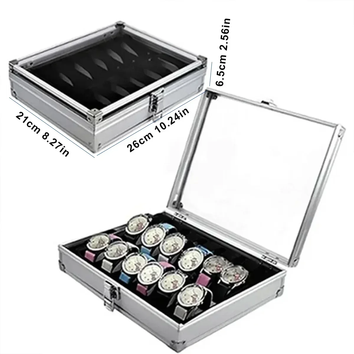 Useful Aluminium Watches Box 12 Grid Slots Jewelry Watches Display Storage Box Square Case Suede Inside Rectangle Watch Holder