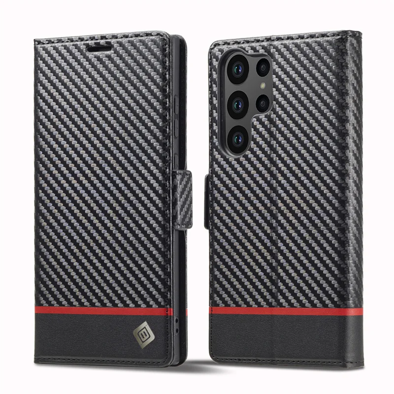 S23Ultra Carbon Fiber Magnetic Case for Samsung Galaxy S23 Ultra Etui Samsung S 23 Ultra SM-S918B Soft Leather Flip Phone Funda