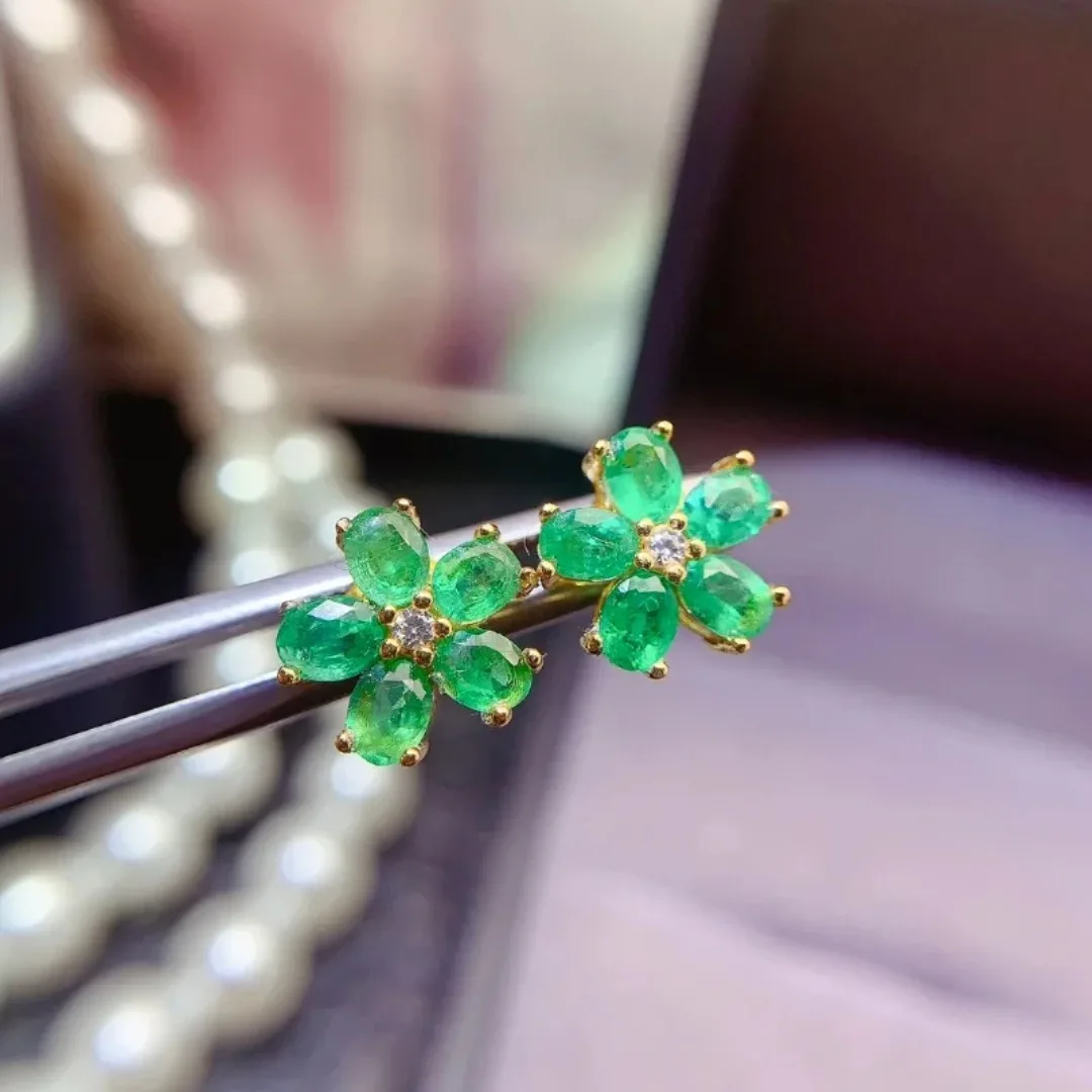 3*4mm Natural Emerald Flower Design Earrings with Certificate Fine Charm Fashion Weddings Jewelry for Women