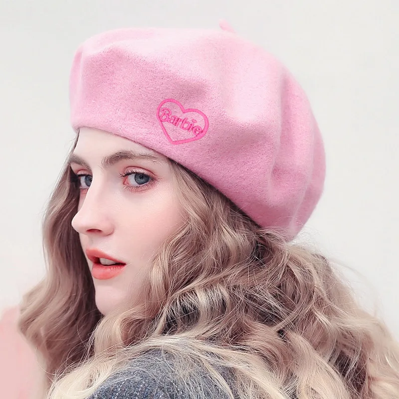 Pink beret wool painter hat autumn and winter fedora hat sweetheart girl embroidery painter hat bud hat