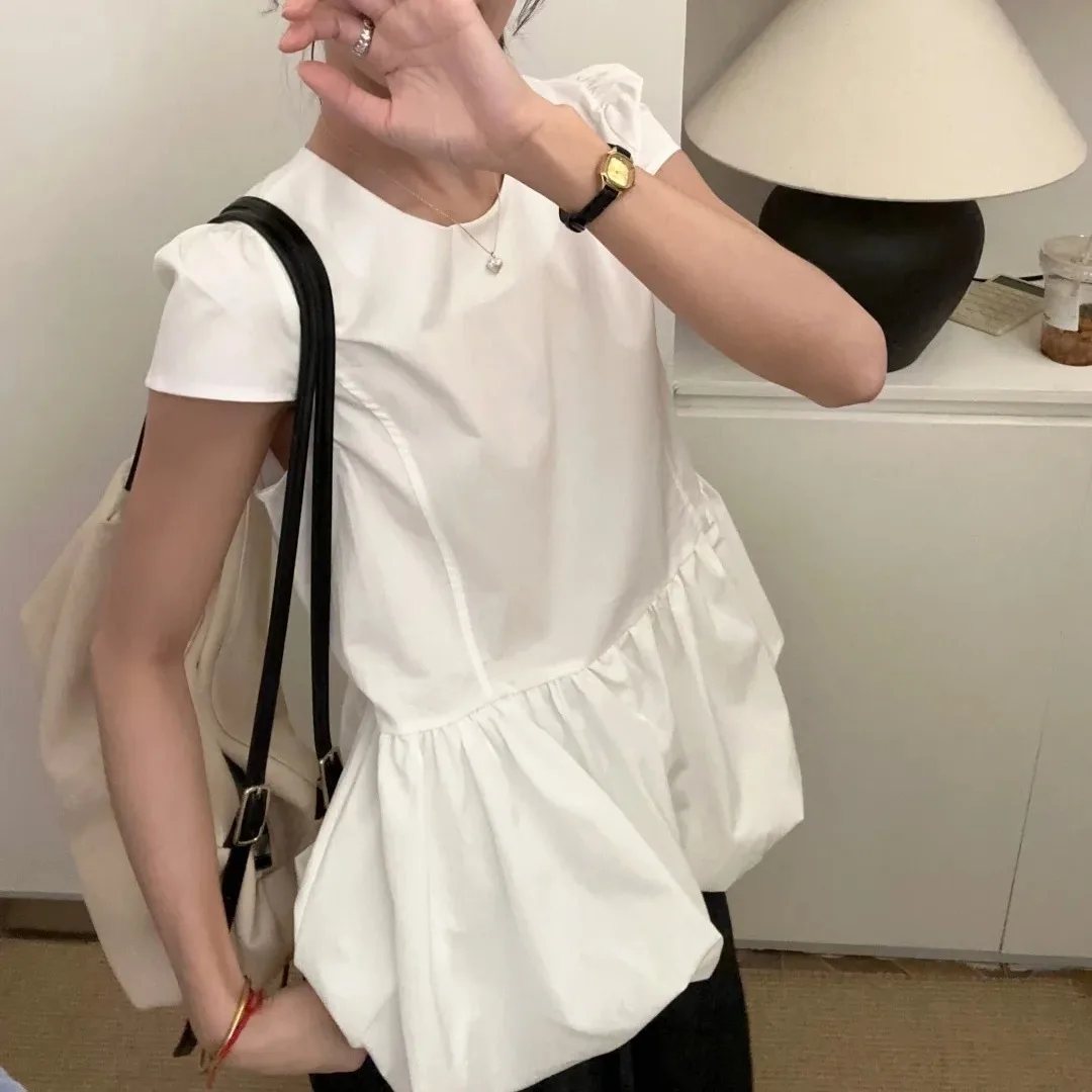 SuperAen Sweet Bud Skirt White O Neck Shirt Women's Summer Unique Chic Niche Short-sleeved Top Shirt