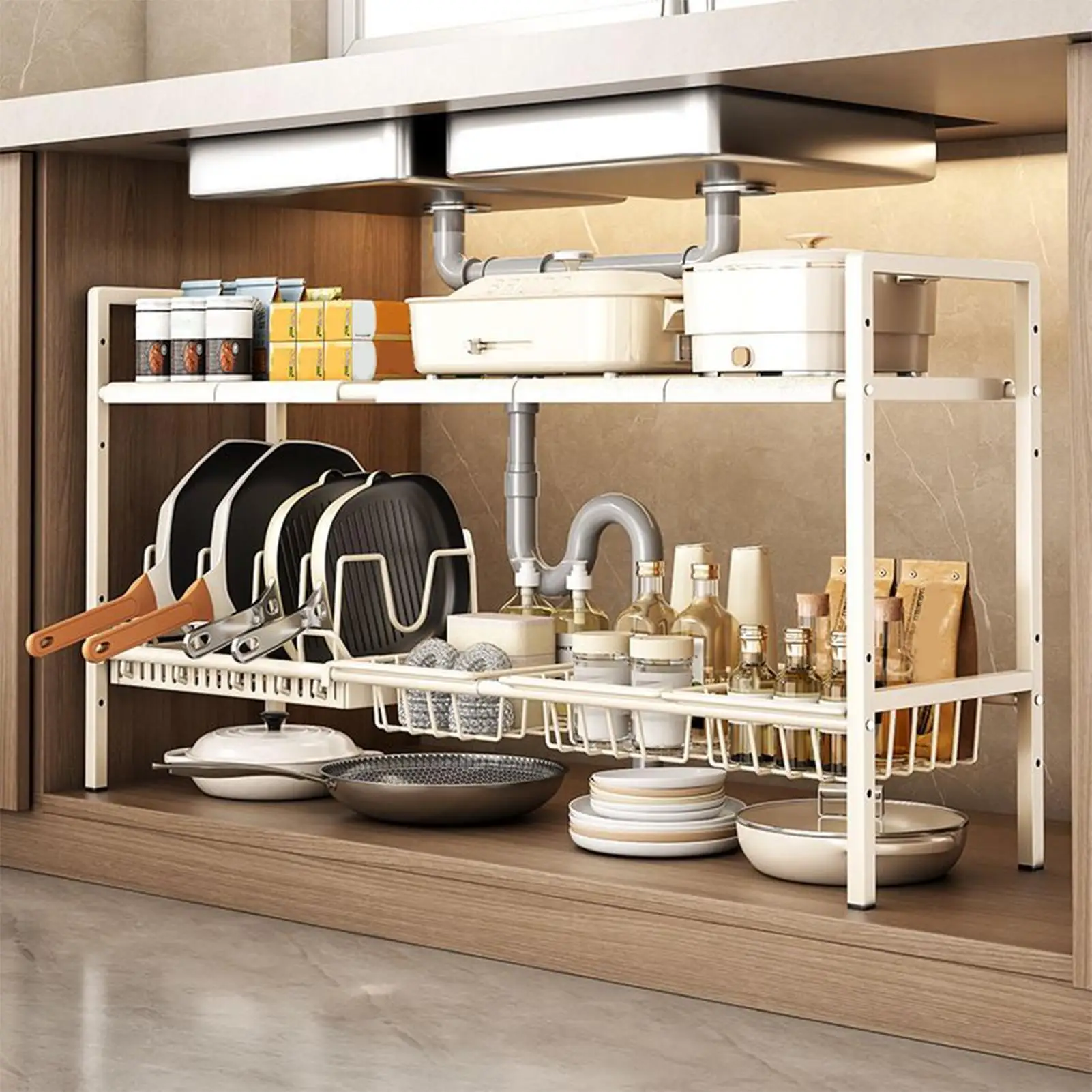 منظم تحت المغسلة للمطبخ، منظمات تخزين متعددة الأغراض، طبقة مزدوجة، رف قوي قابل للتوسيع لطبق خزانة المنزل