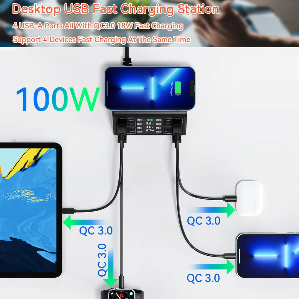 Imagem -03 - Caregador de Celular 100w Porta Qc3.0 Pd27w Pps Carregador Turbo tipo Cadaptador Usb c Carregador sem Fio 15w Carregador por Indução Carregador Usb para Iphone 12 13 Pro Max Xiaomi Samsung