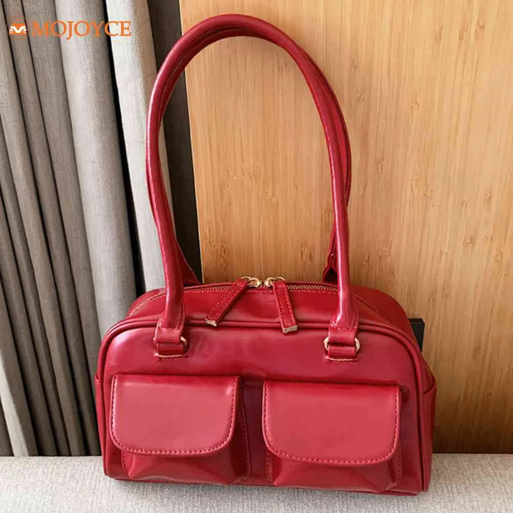 Retro Red Women\'s Satchel Hobo Bag Patent Leather Multi Pocket Luxury Designer Handbag Female Shoulder Underarm Bag Tote Purses