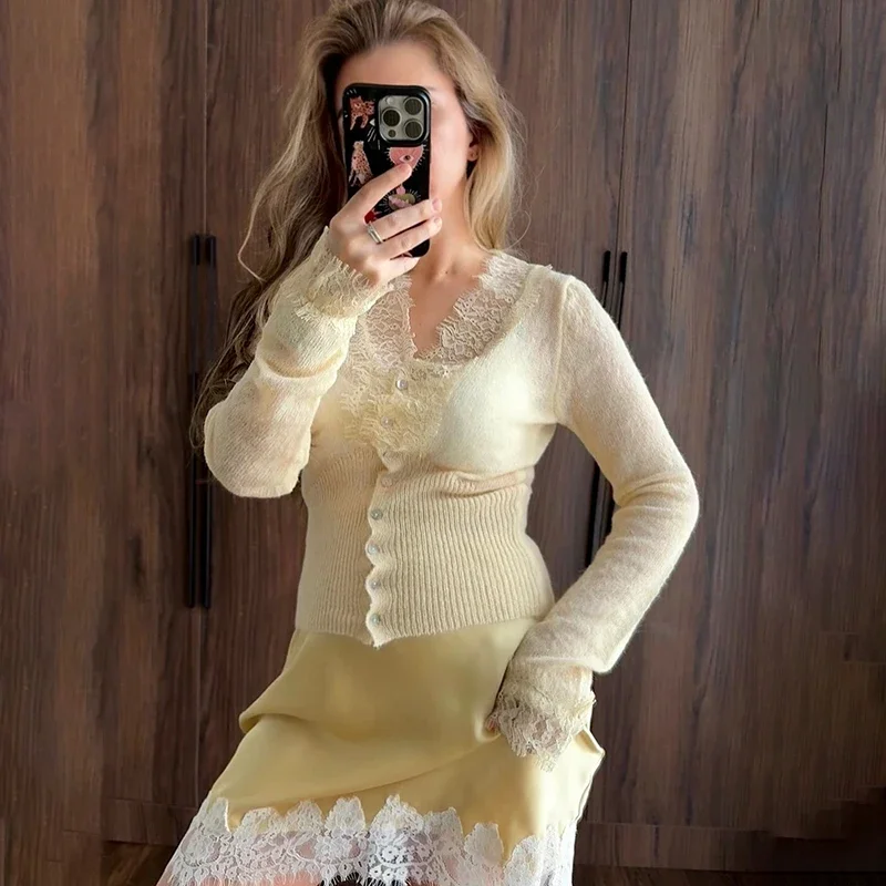 

Splice Lace Sweater Cardigan For Women V Neck Chic Long Sleeve Knitted Top New Autumn Winter Female Slim Knit Coat