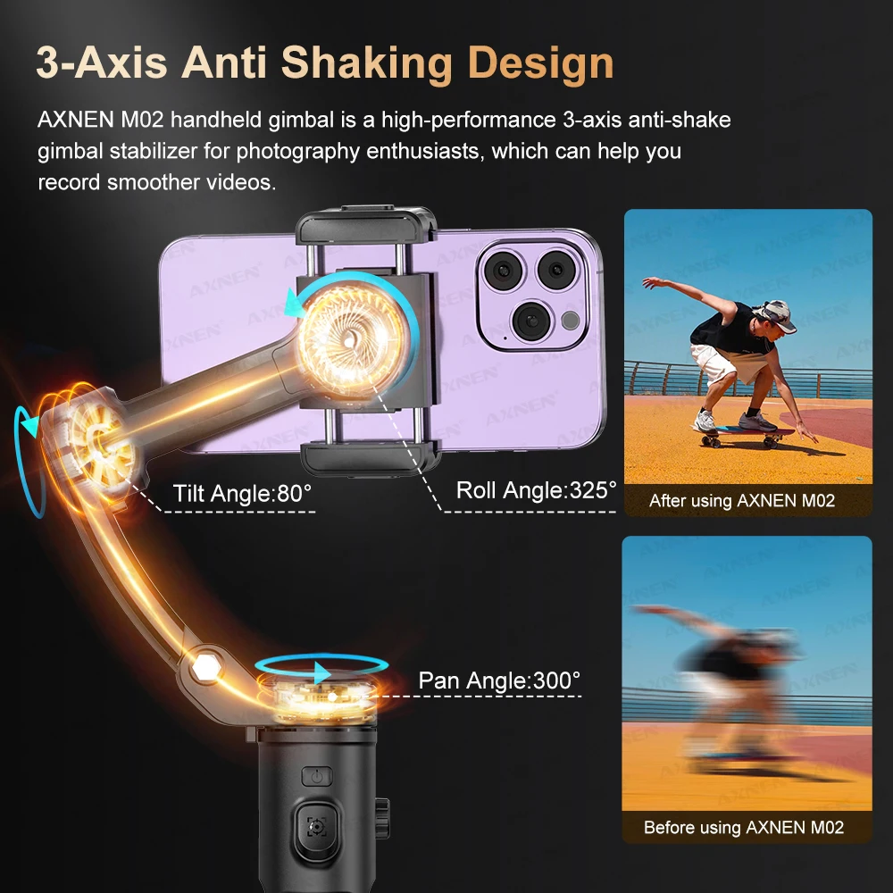 NEW AXNEN 3-Axis Stabilizer M02 Gimbal for iPhone Android Mobile Phone Handheld Vlog Video Face Following Shot Stand with Tripod