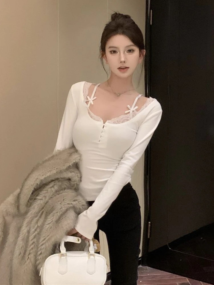 

T-shirts Women Cute Comfortable Spring Autumn Bow Solid Tees Long Sleeve Crops Street Style Tops Kawaii Fashion Korean Hotsweet