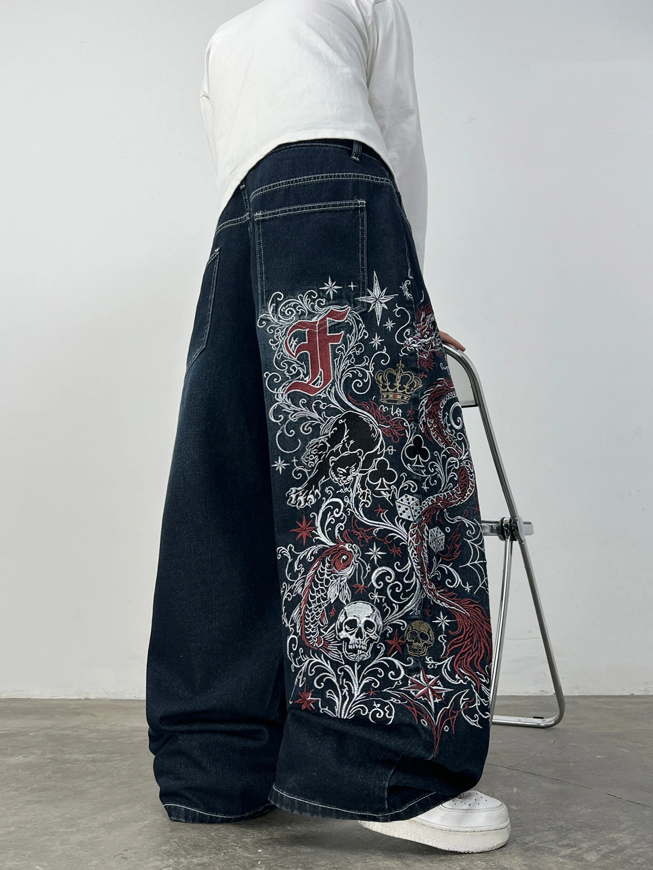 High Street Vintage Niche High-Quality Embroidered Washed Blue Baggy Jeans MenY2K Street Hip-Hop Trendy Versatile Wide-Leg Pants