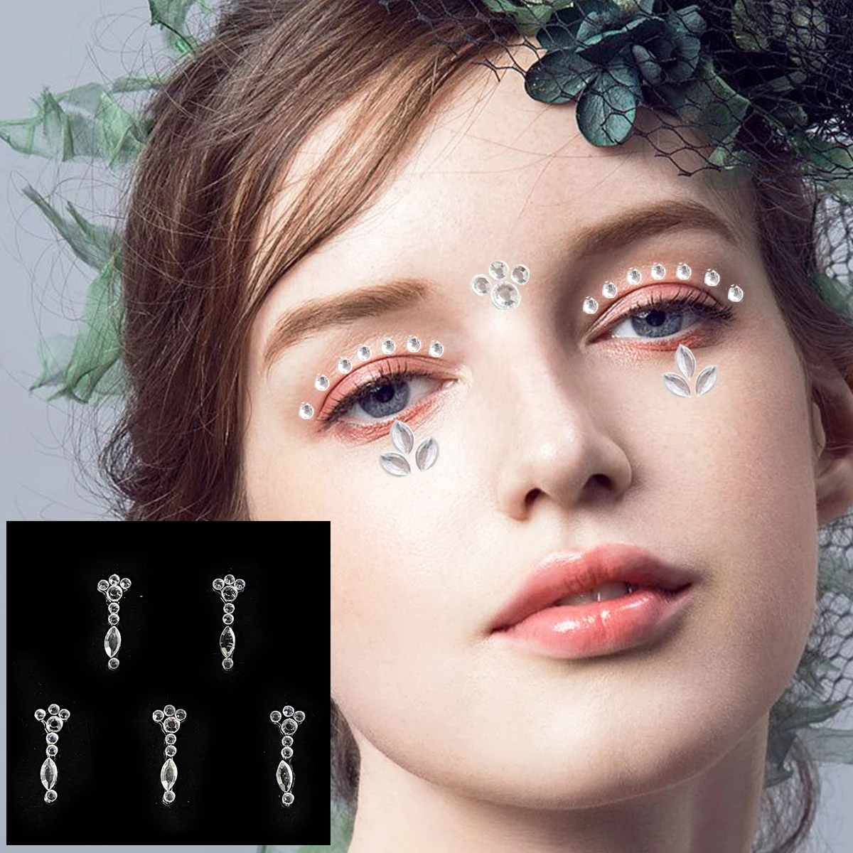 Face Jewelry For Women Temporary Tattoos Eyes Gems Glitter Star Heart Diamonds Jewels Sticker Dots Forehead Makeup Rave Party 