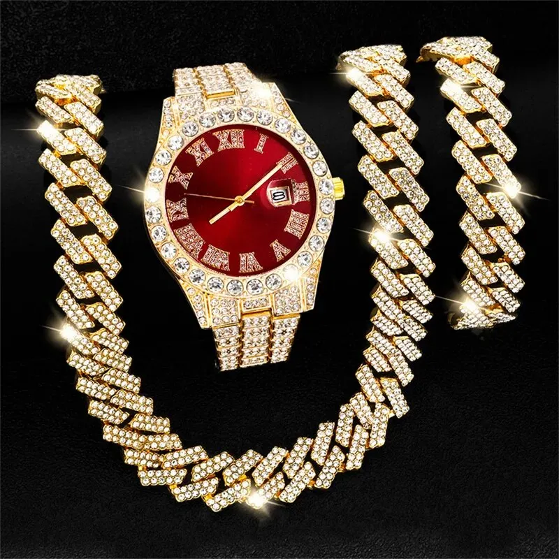 Fashion Rhinestone Wrist Watch Hip Hop 14MM Prong Cuban Chain Rapper Cuban Necklaces Set For Men and Women Punk Party Gift