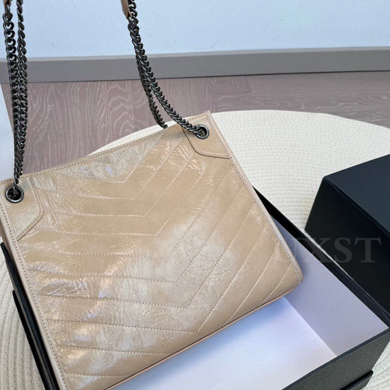 UXST 2024 New Oil Wax Leather Chain Totes Large Capacity Shopping Bag Daily Shopping Ladies Casual Luxury Fashion Shoulder Bag