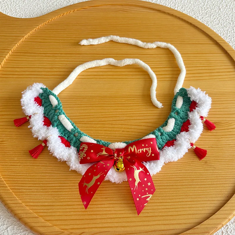 Neues Weihnachts-Haustierschal-Katzen-Set, Lätzchen, Weihnachtsmütze, rote Schleife, Plüsch, Heimtierbedarf