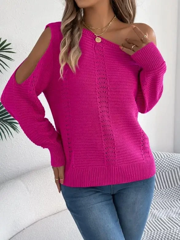 

Women's Casual Knitted Top Autumn and Winter Casual Solid Color Hollow Out Shoulder Long Sleeve Pullover Sweater for Women