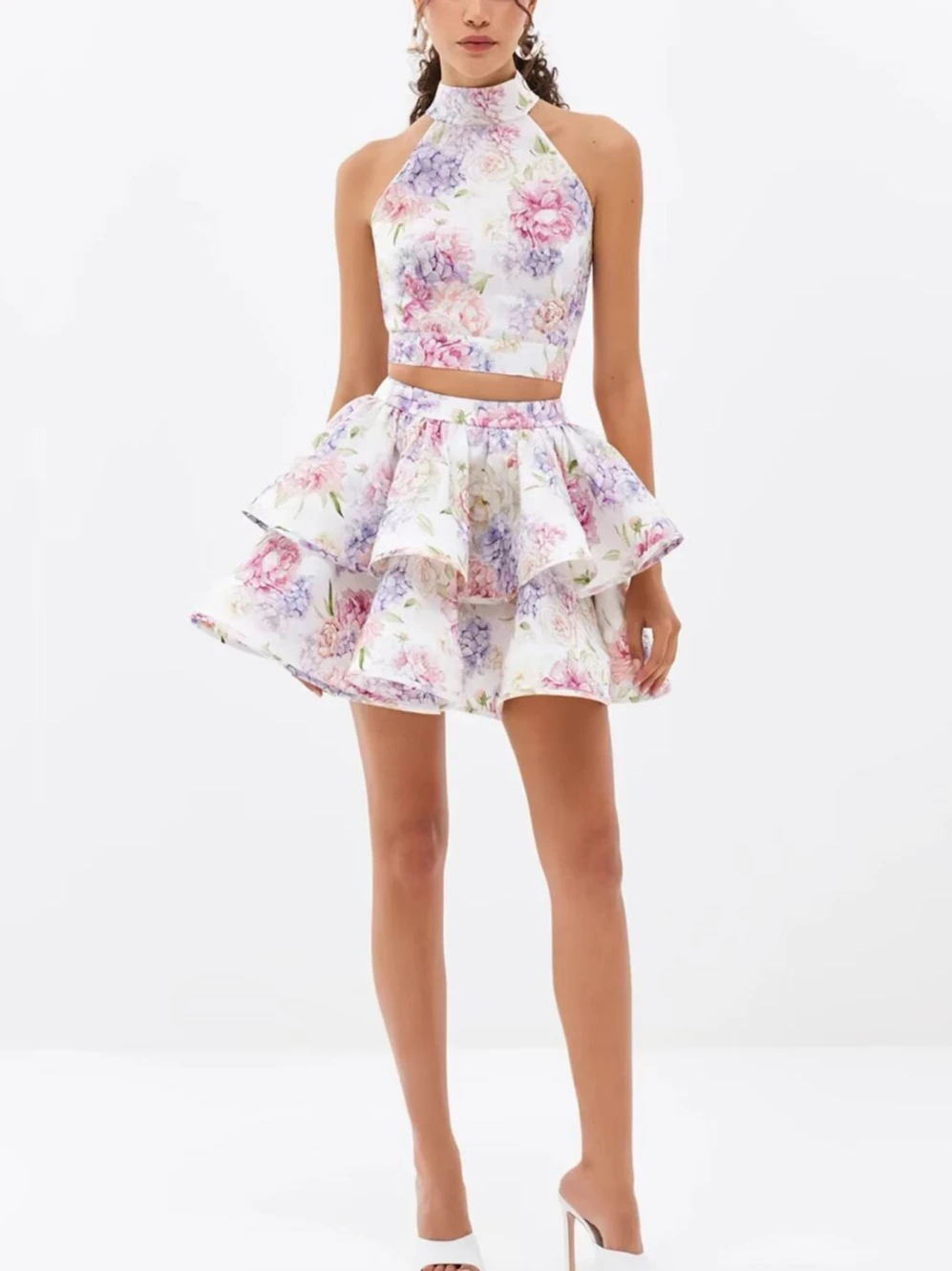 French Floral Chic Summer Dresses Set Women Pink Print Halter Backless Sleeveless Tierred Skirt Holiday Party Ladies 2 Piece Set