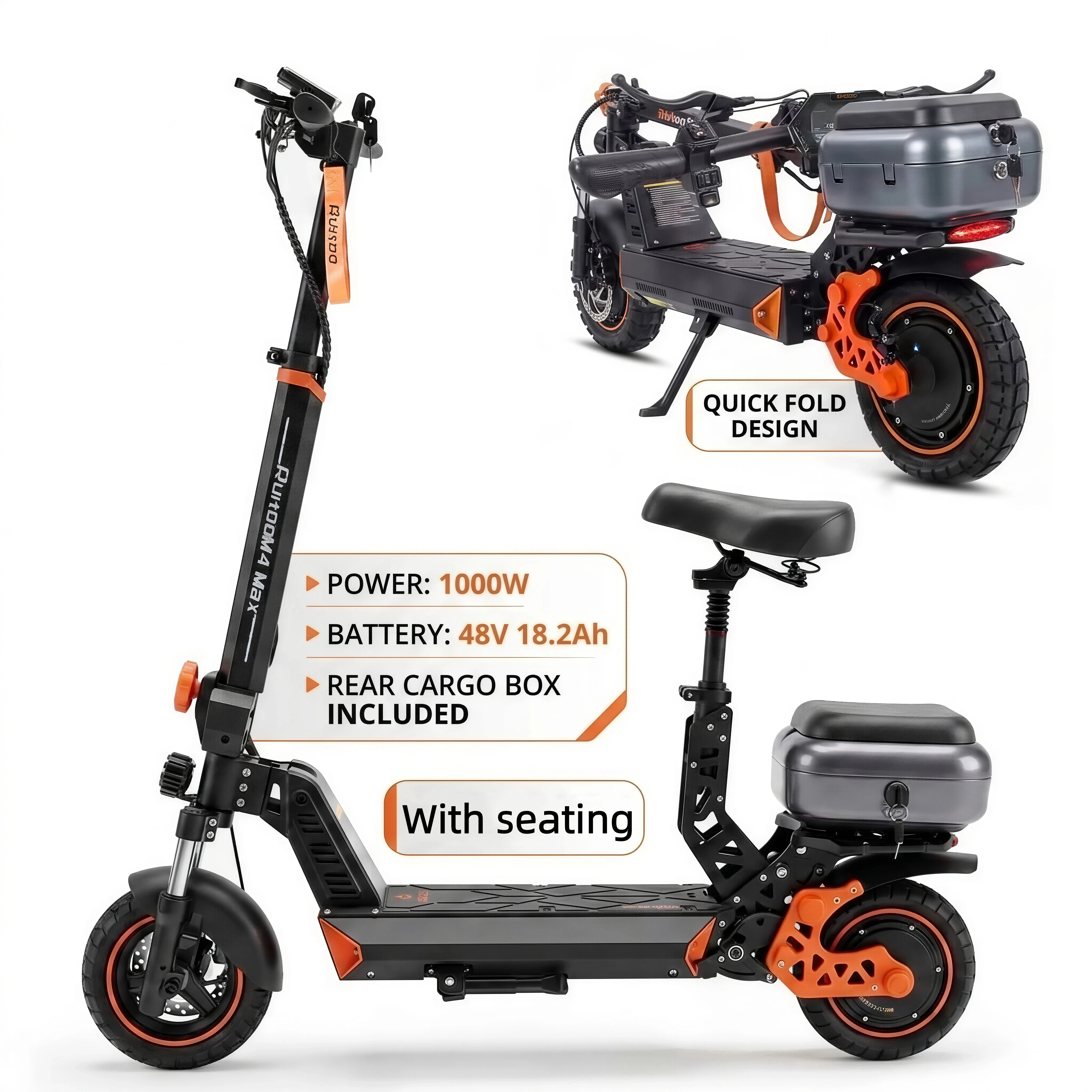 Electric Scooter for Adults with Seat, 1000W Motor, 48V 18.2Ah Lithium Battery, Foldable E Scooter, 10' Tires, Disc Brake, Long Range Commuter Scooter