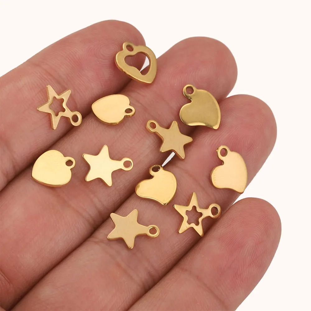 20pcs/lot Stainless Steel Gold Plated Heart Star Small Charms DIY Extend Chain Tag Jewelry Making Supplies Bulk Items Wholesale