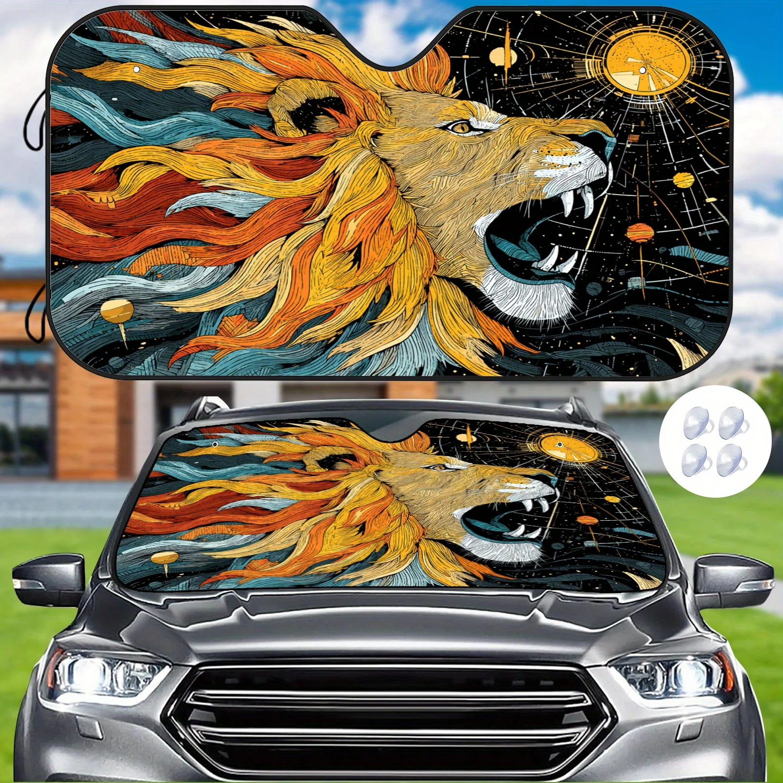 Cosmic Maned Lion Hand-Painted Car Sunshade, Sci-Fi Scene Design, Heat Insulation And Sun Protection, Stabilizes Vehicle Tempera