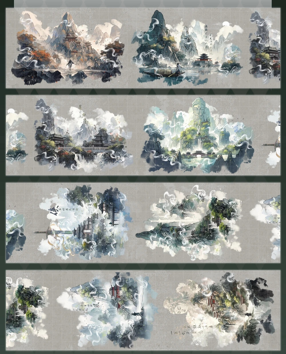 

PET Washi Tape Journal - Li Fugui, Misty Rain, Collage, Phone Back Cards, Ancient Style, Mountain Peaks, Countryside