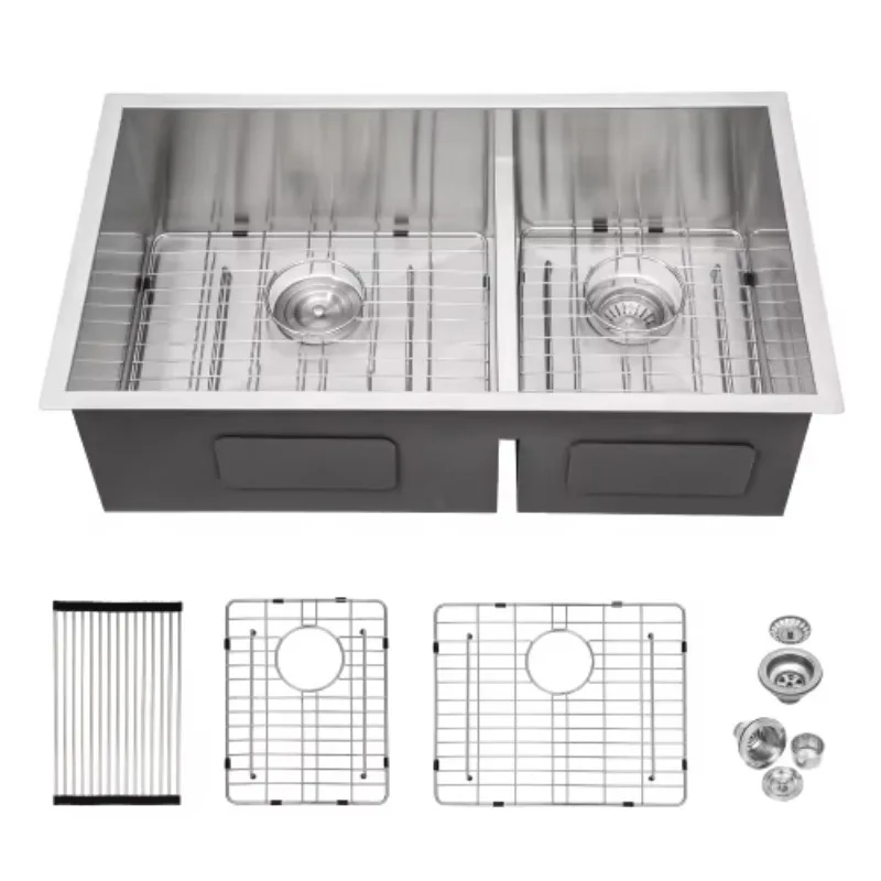 

ATVModern Noise Reducing Undermount Kitchen Sink 33x19 Inch, American Modern 304 Stainless Steel Double Bowl With Drainboard