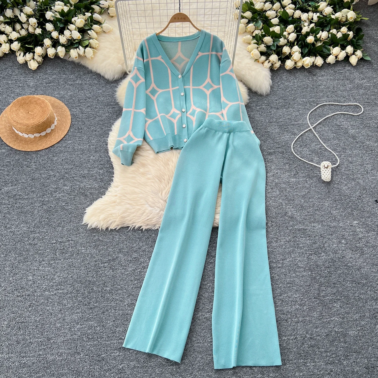 Women Two-Piece Sets Slim Long Sleeve Print Button Knit Top and Basics High Waist Wide Leg Pants Fashion Autumn Winter Clothing