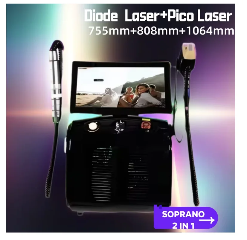 

Soprano 2 in 1 Titanium Ice Platinum Diode 755nm 808nm 940nm 1064nm Four Wavelength ND YAG Laser Painless Hair Removal Machine