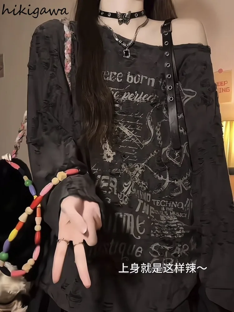 

Harajuku Tshirts 2025 Shirts for Women's Long Sleeve Off Shoulder Tees Y2k Tops Ropa Mujer Casual Fashion Hole Print T-shirt