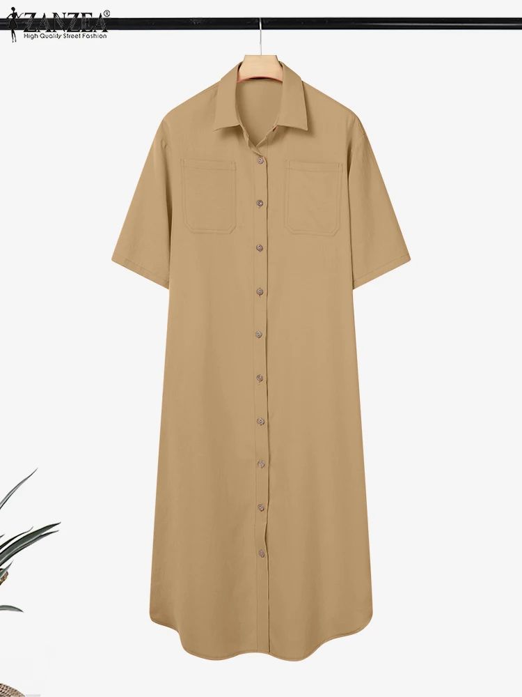 Zanzea feminino lapela pescoço manga curta camisa vestido 2025 vestido de verão elegante sólido trabalho ol vestidos casuais baggy férias vestido de verão