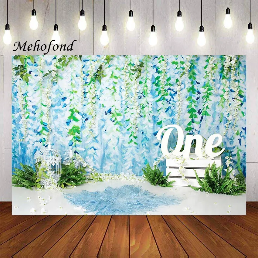 Mehofond Photography Background Oil Painting Style Blue White Flowers 1st Birthday Party Cake Smash Decor Photo Backdrop Studio