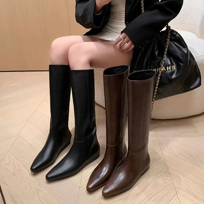 Designer Vintage Women Knee High Boots Fashion Slip On Long Booties Autumn Winter Low Heels Ladies Black Long Western Boots