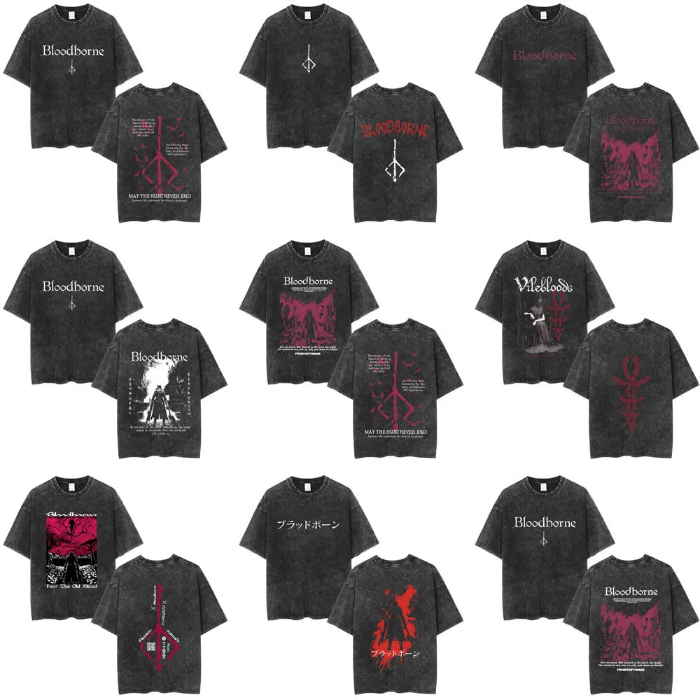 Washed Vintage Game Bloodborne Merch T-shirt Horror Hunter Oversized T Shirts Men Women Casual Retro Cotton T-shirts Streetwear