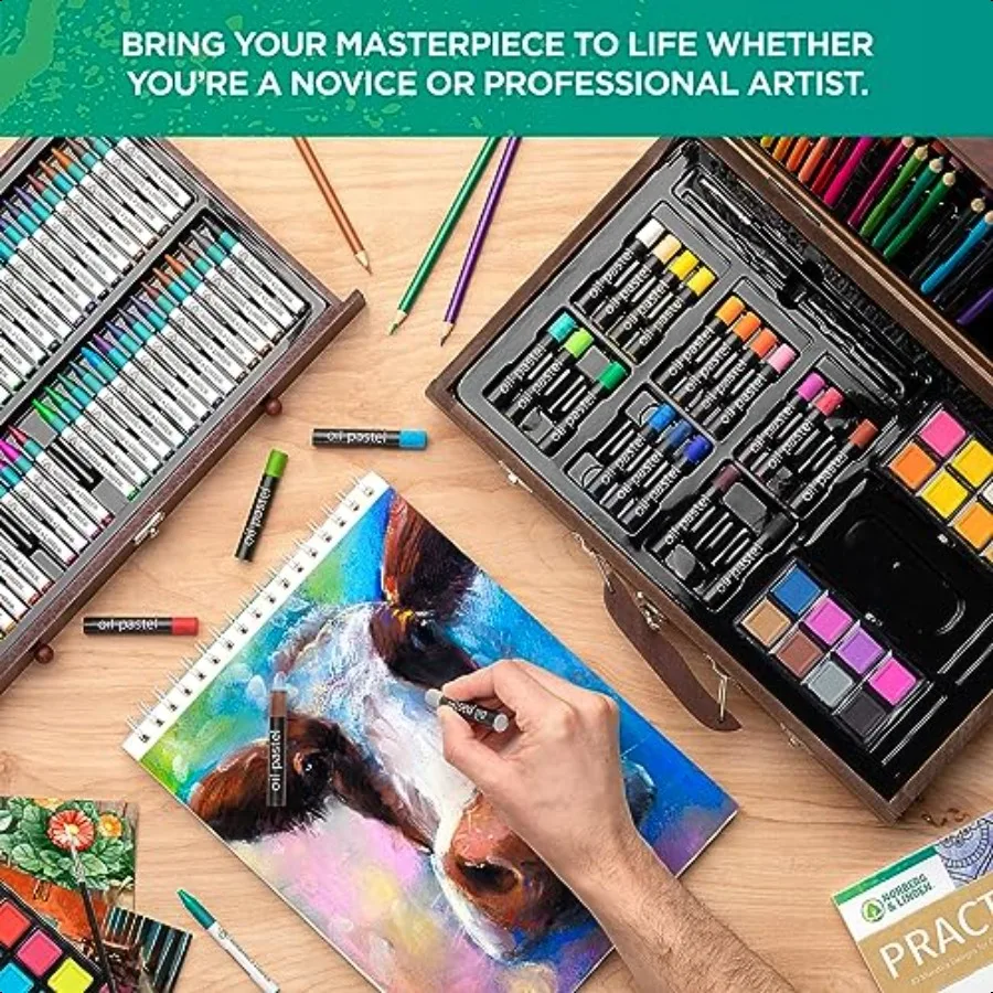 Set artistico da 144 pezzi in scatola di legno con cassetto Set artistico per adulti Adolescenti Parole d'arte premium Include pastelli ad olio per acquerelli Pastelli Pastelli