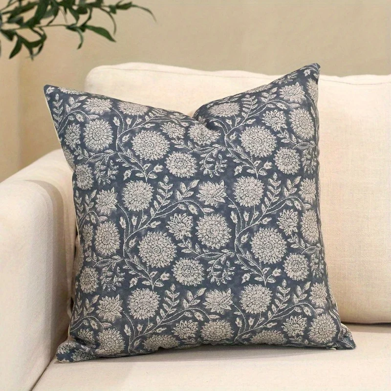 Mother's Day 2D Flat, 1pc, Vintage Navy Blue Floral Print Polyester Single-Sided Printed Pillowcase, Non, Suitable for Sofa and Living Room Decoration, Features Zipper Closure, Machine Washable, Pillowcase Only (Pillow Insert Not Included), 2D Flat