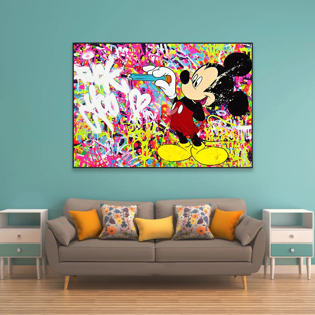 Street Graffiti Wall Art Poster Banksy Style Pop Art Mickey Mouse Print Disney Graffiti Art Poster Cartoon Retro Canvas Painting