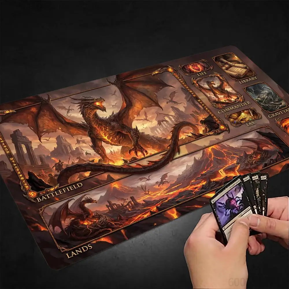 Antiker Lavadrache MTG Spielmatte, Magic-Kartenmatte mit genähtem Rand, rutschfeste, strapazierfähige Tischspielmatte für TCG
