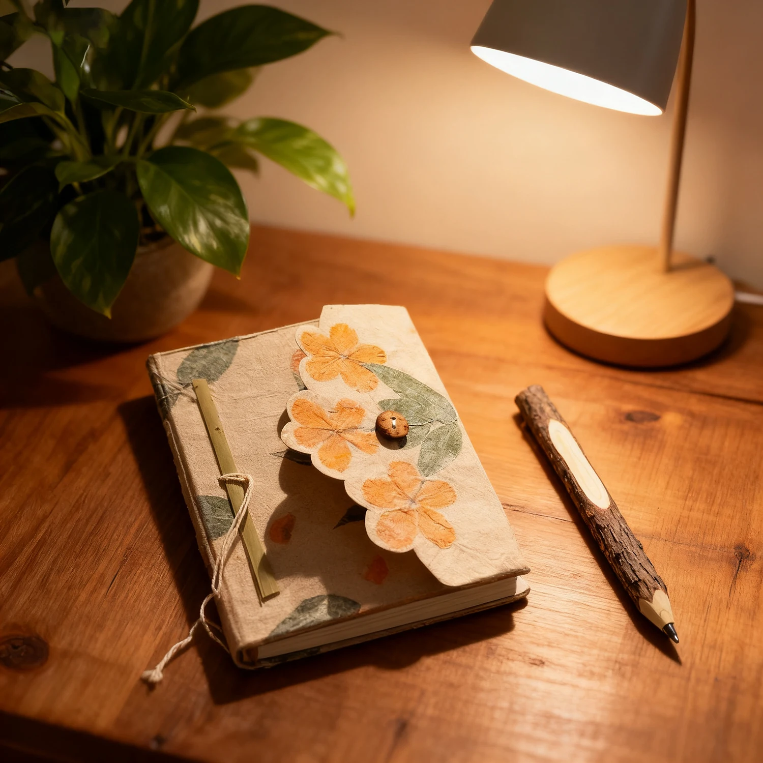 

2pcs/Set Handmade Nepalese Journal with Natural Plant Texture & Creative Wooden Branch Ballpoint Pen, High-Value Niche Notebook