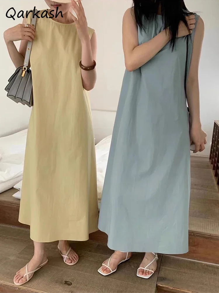 

Sleeveless Dresses Women O-neck Solid Color Loose Prevalent Casual Midi Korean Chic Summer Simple Cozy Temperament OL Aesthetic