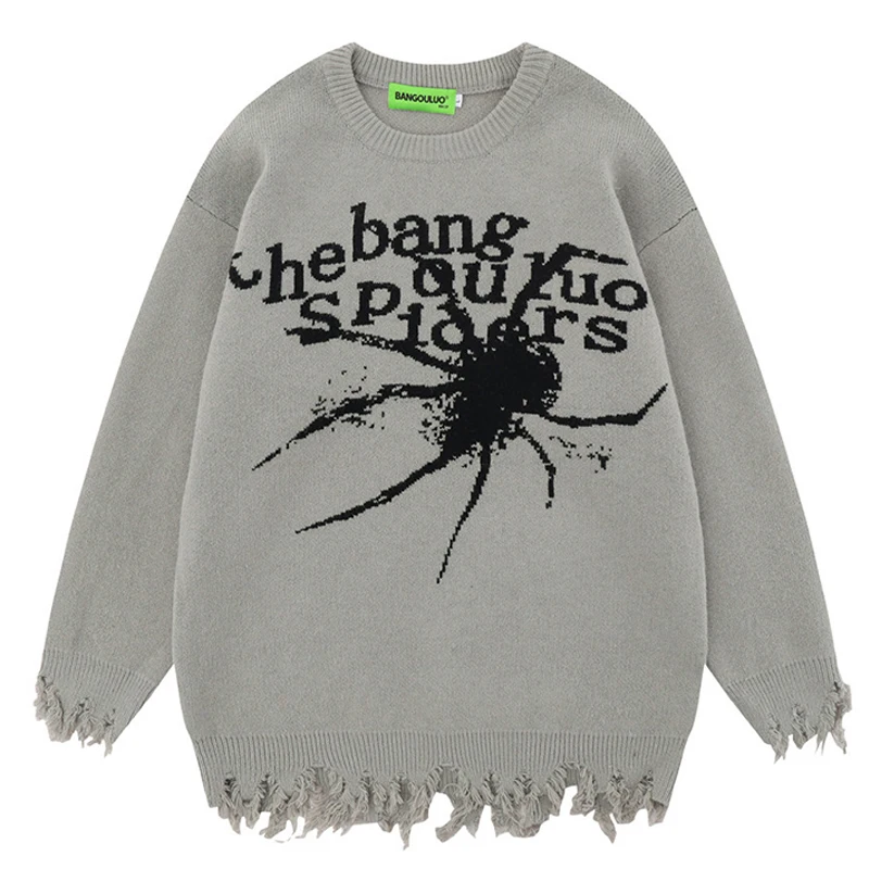 

Autumn Ripped Hole Black Punk Knitted Sweater Oversized Men Casual Harajuku Women Pullover Spider Print Clothes Sueter Masculino